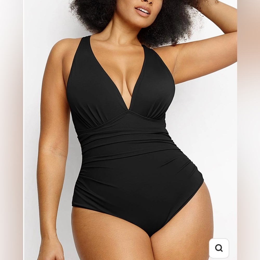 Black Deep V One-Piece Swimsuit - - Picture 2 of 9